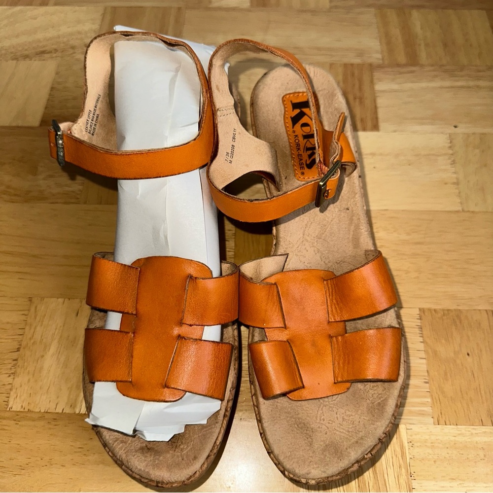 Women's Orange Leather Cork Wedge Sandals - Picture 2 of 9